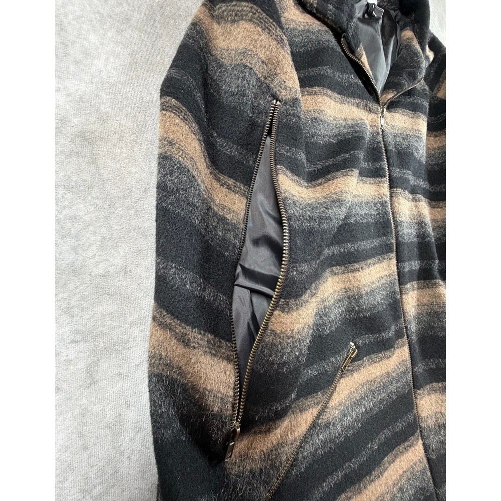 Tobi Womens Medium Poncho Coat Wool Blend Black Tan Gray Striped Full Zip Lined - Picture 4 of 10